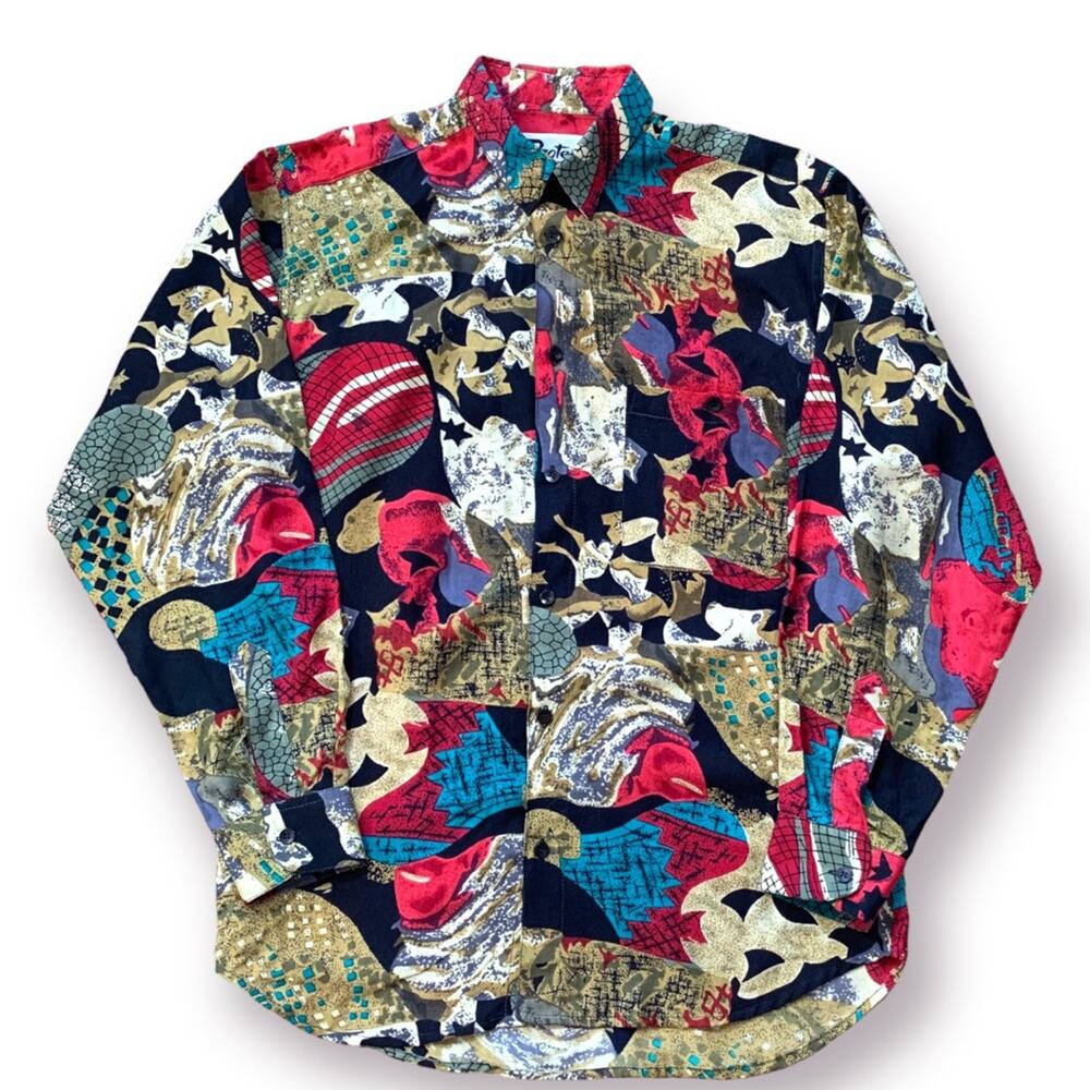 Abstract Print Rayon Button Up Shirt 90s Artsy‎ Bold Retro Large Unisex Eclectic